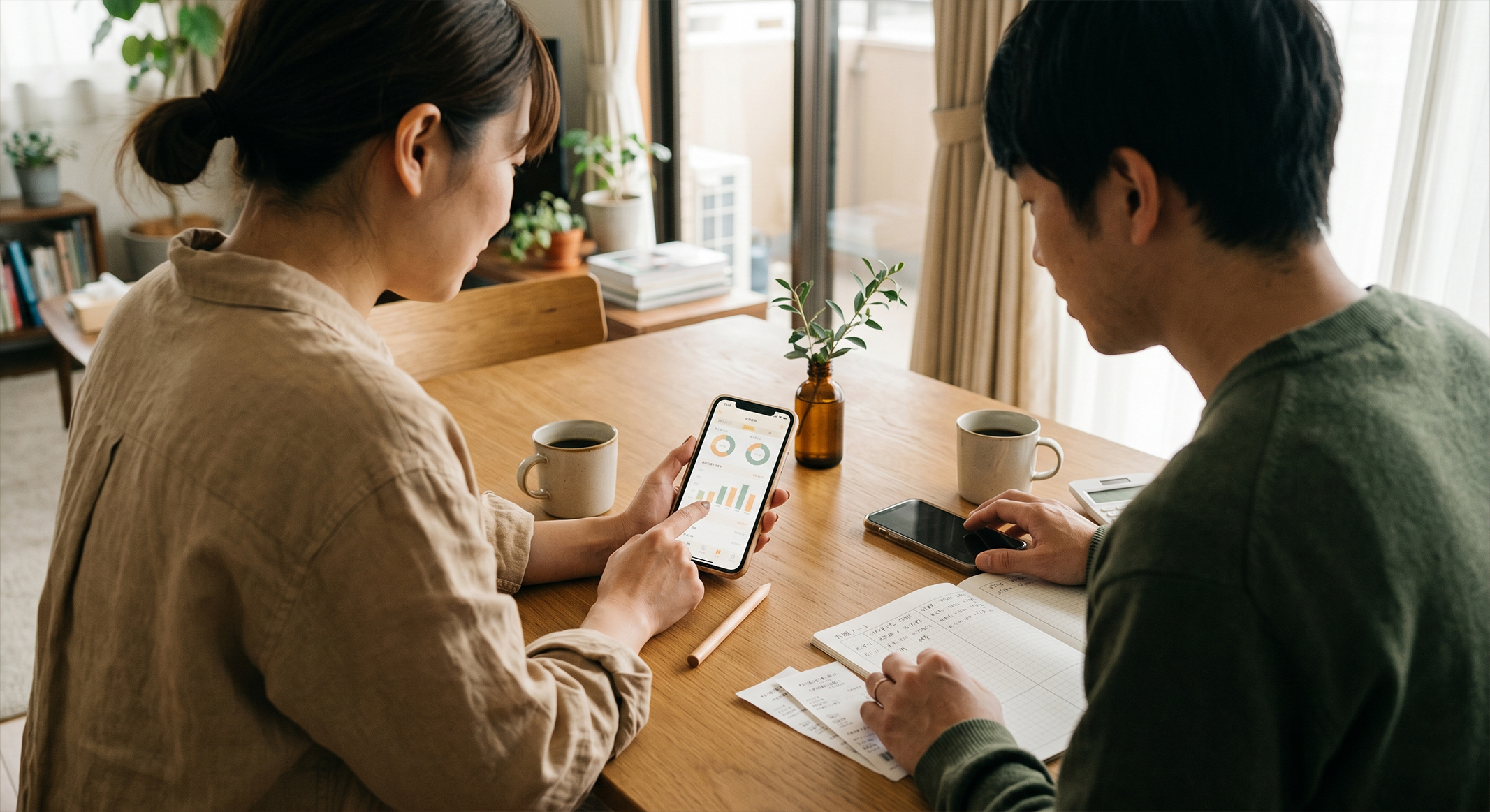 スマートフォンで家計アプリを確認するカップル