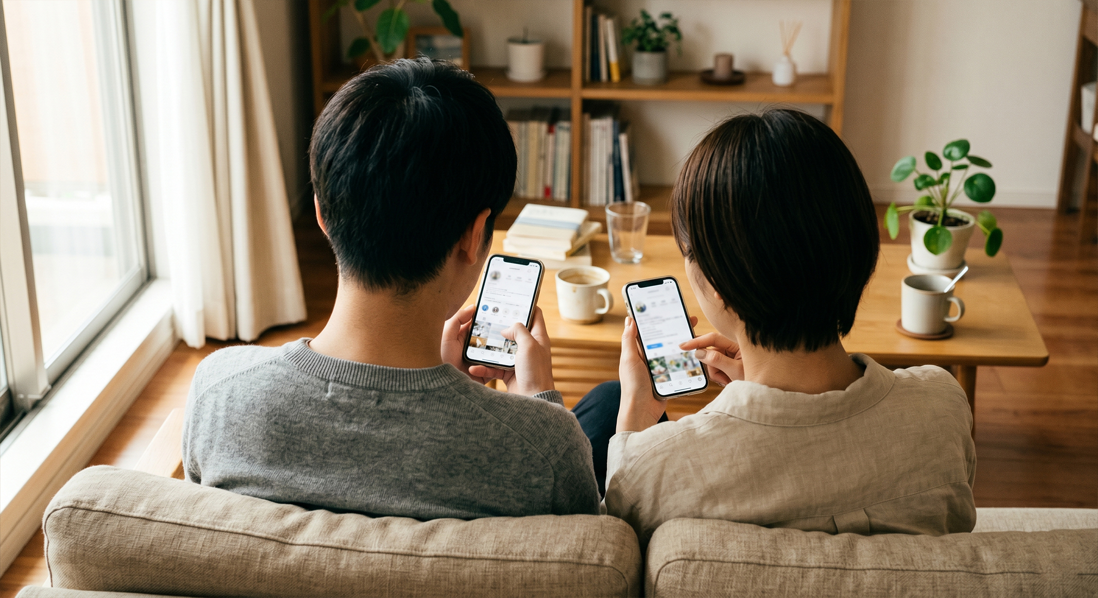 スマートフォンを見るカップルのシーン