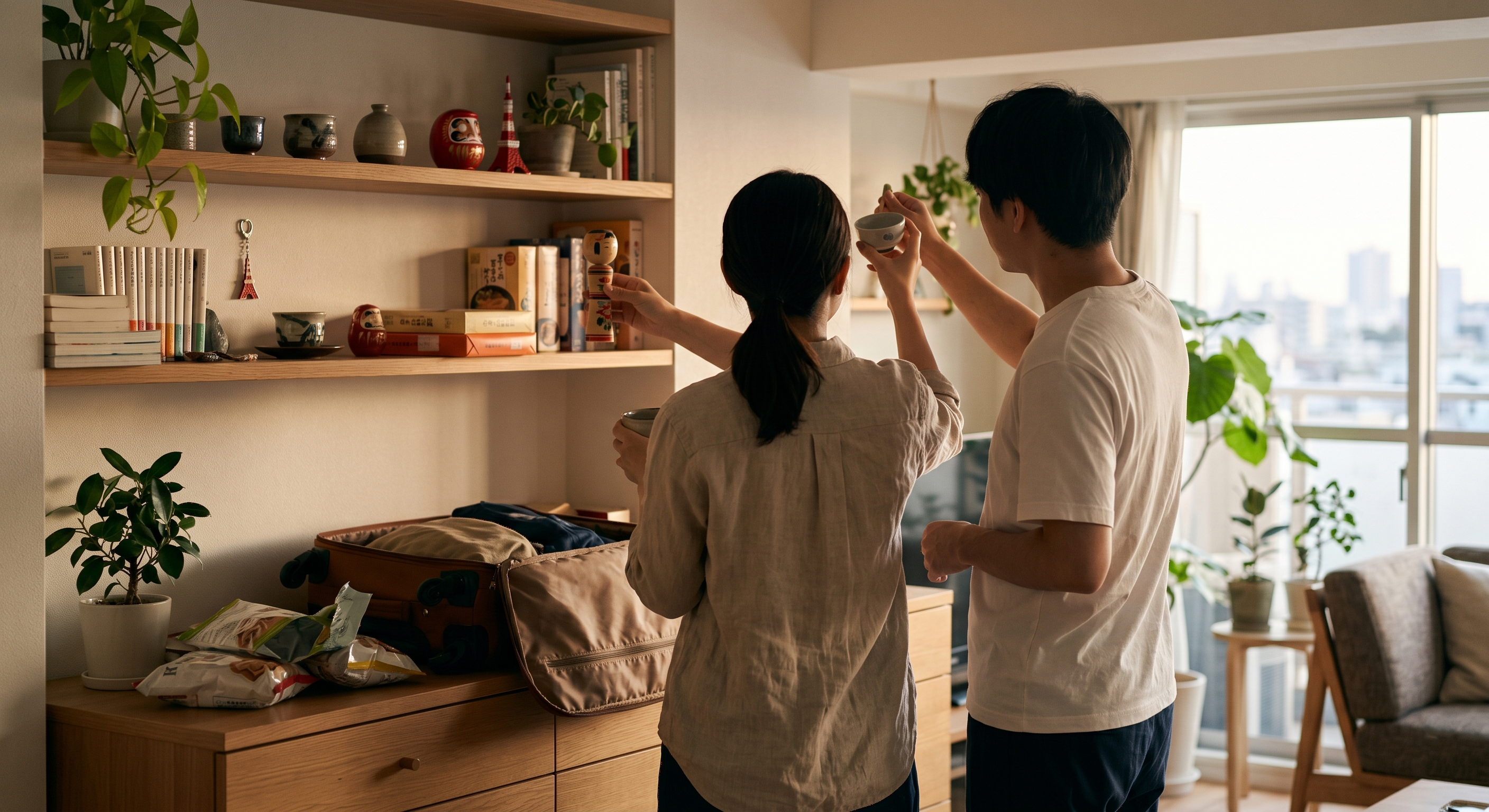旅行から帰宅後、部屋に土産を飾るふたり
